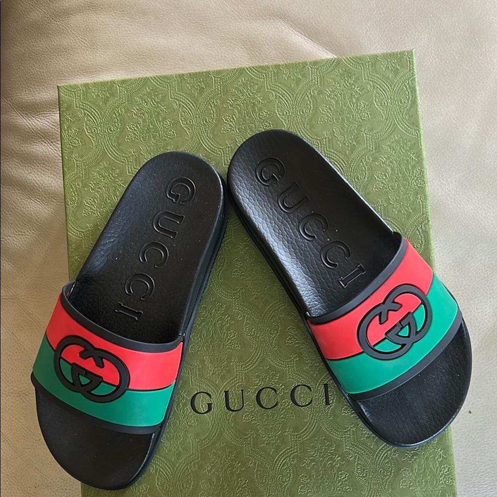 Gucci Black Slides with Red and Green Stripes
